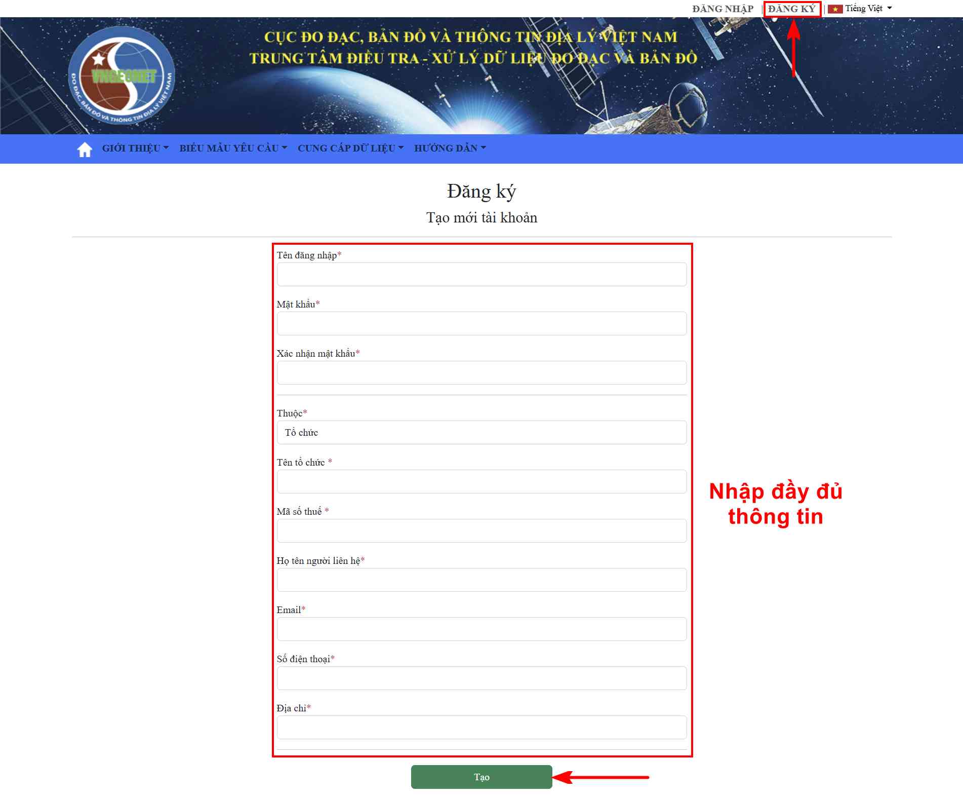 Đăng ký tài khoản Cục Đo đạc